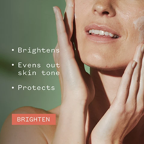 Image 1 - A woman with a glowing complexion is applying skincare to her face, with text beside her listing benefits: Brightens, Evens out skin tone, Protects, and a button labeled BRIGHTEN.
              Image 2 - A bottle of Pai C-2 Believe Vitamin C Brightening Moisturizer is displayed on a light background, accompanied by the text 91% agreed their skin looked more radiant* and logos for vegan and organic certifications, along with a note about a two-week consumer trial of 114 subjects.