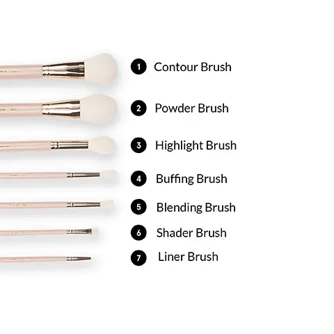 1 Contour Brush, 2 Powder Brush, 3 Highlight Brush, 4 Buffing Brush, 5 Blending Brush, 6 Shader Brush,7 Liner Brush 