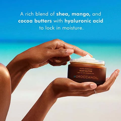 Image 1, a rich blend of shea, mango and cocoa butters with hyaluronic acid to lock in moisture. Image 2, peta approved cruelty free.