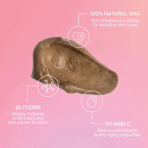 Image 1 - A smooth, brownish blob of product on a gradient pink background with text highlighting 100% Natural DHA, Non irritating & suitable for sensitive skin types, Glycerin, Deeply hydrates while improving skin barrier function, and Vitamin E, Rich in antioxidants & anti-aging properties.
              Image 2 - Image shows a side-by-side comparison of a person in white underwear, with the left labeled BEFORE showing the persons natural appearance and the right labeled AFTER displaying the same person holding a skincare product; no visible text is included aside from the labels.
              Image 3 - A woman in a white sports bra applies a tanning product with a black glove, smiling as she showcases the bottle, with text beside her that reads Achieves a dark yet natural tan in just 1 hour, ULTRA LIGHTWEIGHT & FAST DRYING, DEVELOPS IN JUST 60 MINUTES, and FULLY CUSTOMISABLE RESULTS.
              Image 4 - An image of a person applying a tanning product to their leg, with the text How to use and the steps: STEP 1: Begin with clean, freshly exfoliated skin. STEP 2: Apply the aerated foam to your mitt. Smooth over your entire body using long, sweeping motions. STEP 3: Allow the product to develop for a minimum of 1 hour. For a deeper result, leave on for at least 3-4 hours.