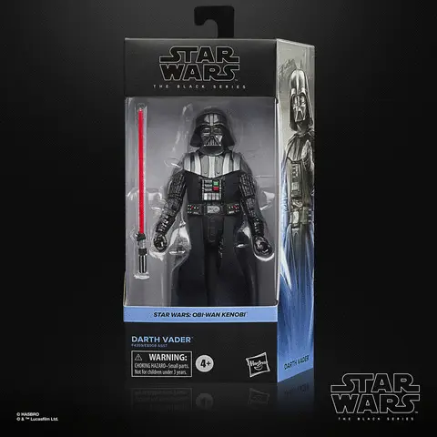 Slideshow of images showing the Darth Vader figure from different angles. Text on the images reads, Hasbro, Lucasfilm, Star Wars The Black Series