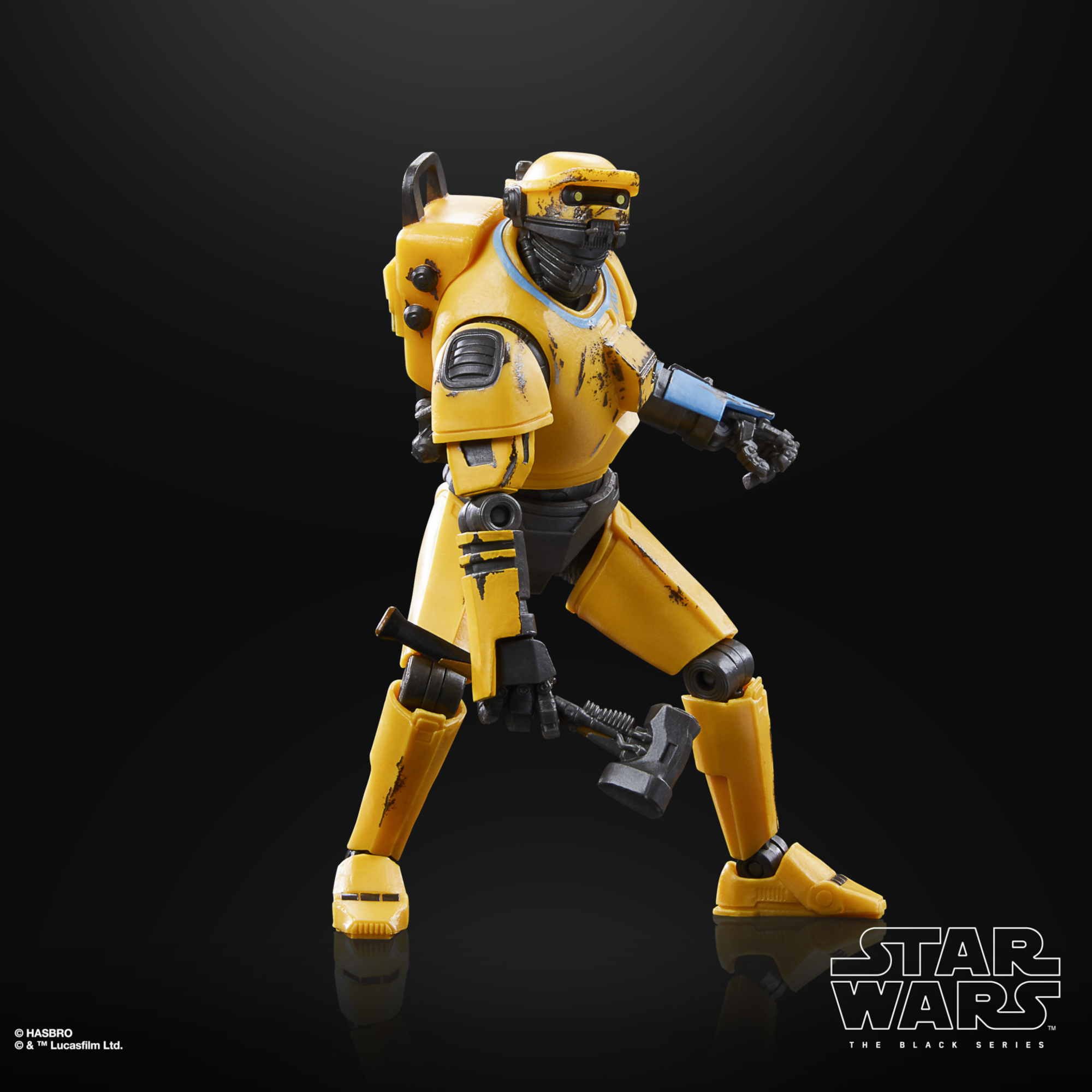 Image showing the NED-B figure in a pose with a hammer. Text on the image reads, Hasbro, lucasfilm ltd. Star Wars The Black Series