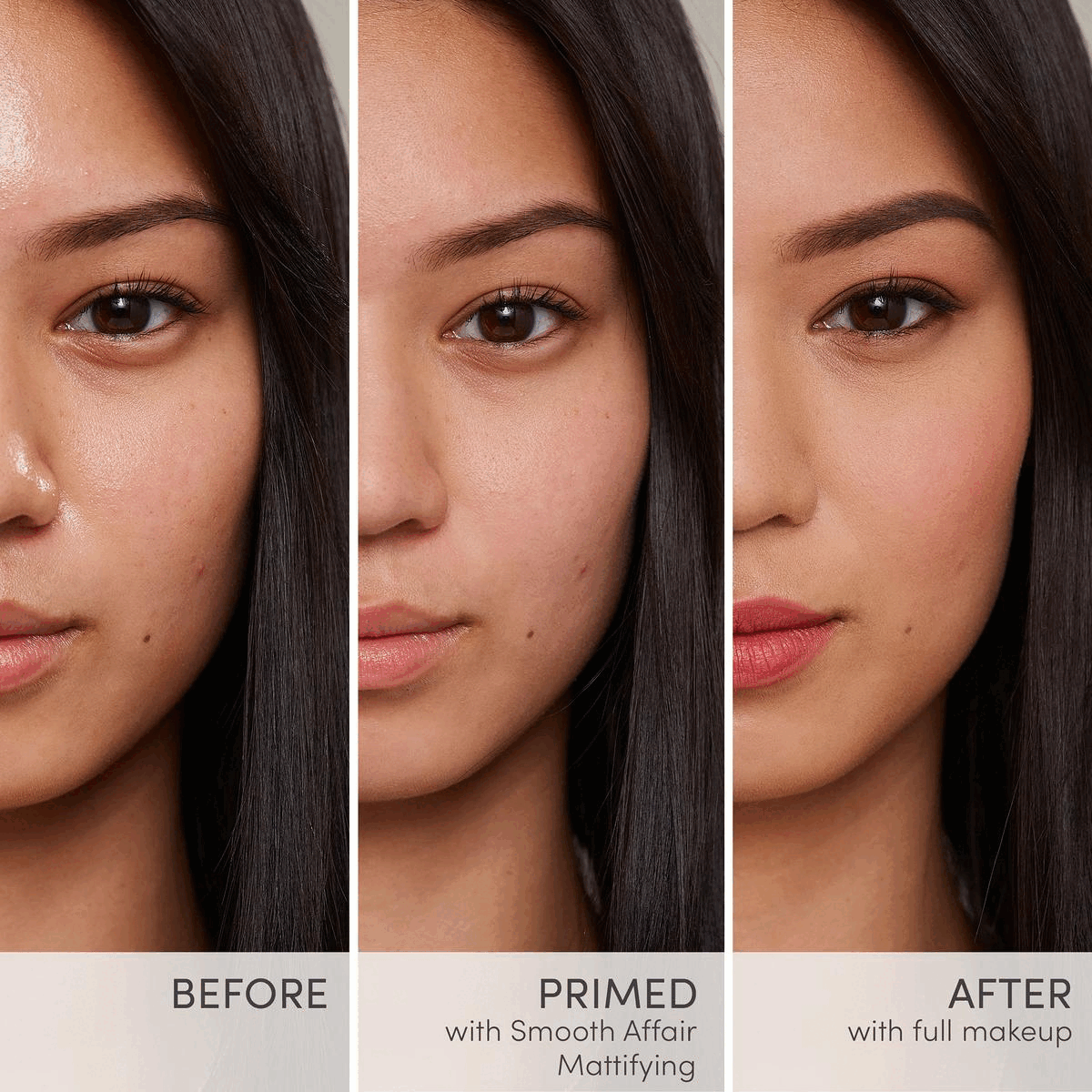 Image 1-2 before and after. Image 3, red algae extract helps regulate sebum production, Hibiscus Bark extract helps support skin elasticity, Rose Geranium Leaf Extract delivers powerful antioxidant protection. Image 4, find your primer. Image 5, skincare makeup system = prep, perfect and set.