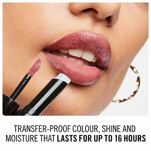 Image 1, Transfer-proof colour, shine and moisture that lasts for up to 16 hours. Image 2, 2-step application, 1 = colour-intense, transfer proof liquid. 2 = hydra-balm as top coat for colour lock and care. Image 3, long wearing, doesn't cake, flake or dry out. Kiss proof food and drink proof, life proof, transfer resistant. Gentle, mess free and precise application. Image 4, colour stays in place, feels comfortable on the lips, top coat nourishes lips with caring comfort, balm enriched with sunflower seed oil.