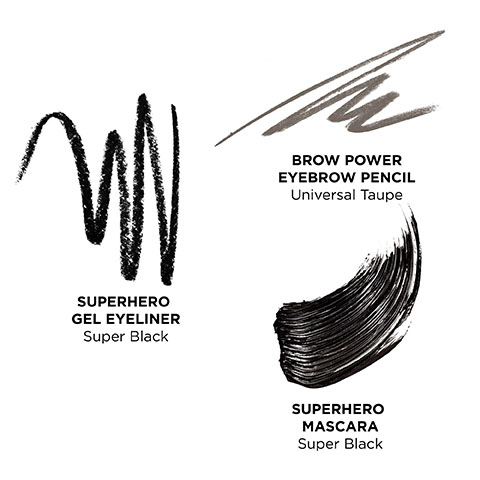 Image shows swatches of the different products. Text: Brow Power eyebrow pencil, universal taupe. Superhero gel eyeliner, super black. Superhero mascara, super black