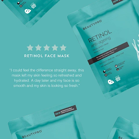 Image 1 - A turquoise facial sheet mask package labeled BEAUTYPRO RETINOL anti-aging with five stars above, and a quote about the masks refreshing and hydrating effects on the skin.
              Image 2 - Image of three natural ingredients with descriptions: seaweed representing retinol which combats the signs of aging, a pine branch for organic pine oil which targets acne and free radicals, and wild yam roots which improve elasticity and suppleness.
              Image 3 - A woman in an orange pajama top with her hair down is applying a facial mask and making a kissy face while holding a package of RETINOL anti-aging mask, with a turquoise background and tips about using Retinol in the evening and applying SPF the next morning displayed below.