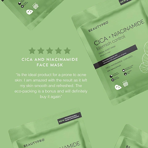 Image 1 - A green facial sheet mask package labeled CICA AND NIACINAMIDE blemish control features five stars above the text and includes a review stating it is ideal for acne-prone skin, leaving the skin smooth and refreshed, with eco-friendly packaging.
              Image 2 - A woman with a facial mask gently touching her face is shown alongside text highlighting environmental benefits: biodegrades into organic matter, breaks down in 1% of time compared to traditional plastic, no micro-plastics in the soil or sea, dispose in general waste, recycling or compost.
              Image 3 - Image shows three ingredients in glass dishes: a green leaf labeled CICA with the text Smoothes and tightens, a dish of black chia seeds with the text CHIA SEED barrier repair, and sliced cassava root with the text CASSAVA ROOT Reduces redness.