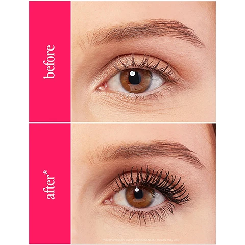 Image 1 - Image shows a side-by-side comparison of an eye before and after applying mascara, with the word before on the top left in pink text and after* on the bottom left in pink text.
              Image 2 - A vibrant pink background features a mascara tube labeled wonderFANATIC alongside a molded brush, with text highlighting its benefits such as healthier, stronger lashes and a fan-tastic brush that reaches every last lash.
              Image 3 - A woman with long eyelashes holds a mascara wand up to her eye, and the background is pink with the text lash lift in a bottle and Makes my lashes longer and thicker looking, and I like how it fans out the outer corners.
              Image 4 - A close-up of a woman with full eyelashes holding a pink mascara tube, with text that says 100% saw more lifted lashes.
              Image 5 - A pink mascara tube with a swirl design is placed horizontally next to a black brush, accompanied by text highlighting features including Lashcare Ingredient: Widelash biotin peptide, Brush: grab n lift applicator for fanned out lashes, Instant Effect: fanned, lifted + fluttery, and Long-term Effect: reduced lash fallout.
              Image 6 - A black molded mascara brush is centered against a bright pink background, with arrows pointing to it labeled Lift + Lengthen and Separate + Define, and the text FAN-TASTIC GRAB N LIFT MOLDED BRUSH above.