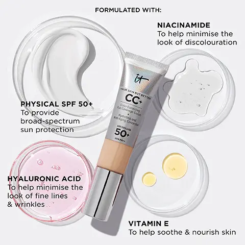 Image 1, Formulated with Physical SPF 50+ to provide broad spectrum sun protection, hyaluronic acid to help minimise the look of fine lines and wrinkles, vitamin E to help soothe and nourish skin and niacinamide to help minimise the look of discolouration. Image 2, Natural full coverage, hydrating and anti ageing, physical SPF 50+. Image 3, Visibly smooths skin, reduces appearance of pores, makes skin feel moisturised, visibly healthy skin. Image 4, model arm swatches of all the shades including: Medium Tan, Neutral Medium, Fair Light, Fair, Fair Beige, Fair Ivory, Medium, Light Medium, Deep Mocha, Neutral Tan,Neutral Deep, Deep Bronze, Deep Honey, Light, Deep, Rich Honey, Fair Porcelain, Rich, Neutral Rich, Tan Rich, Tan, Tan Warm. Image 5, No1. Image 6, Blend and buff, set and colour correct
