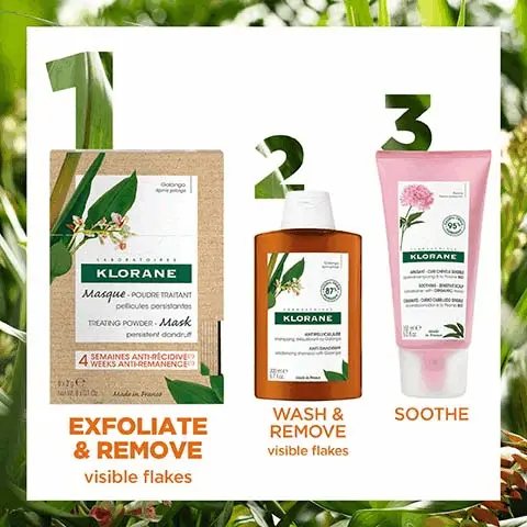 Image 1, exfolate and remove visible flakes, wash and remove visible flakes, soothe. Image 2, woody invigorating fragrance. powder to lather texture that turns into a creamy foam with water. Image 3, before and after
