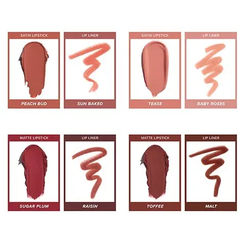 The image shows swatches for each kit. Each section has a box containg the lipstick shade and then a box containing the lip liner shade. The first lip stick and liner duo is the lipstick in shade peach bud and the lip liner is in shade sun baked. The second duo features lipstick in shade Tease and lip liner in shade baby roses. The third duo has lipstick in shade sugar plum and lip liner in shade raisin. The fourth duo has lipstick in shade toffee and lip liner in shade malt.