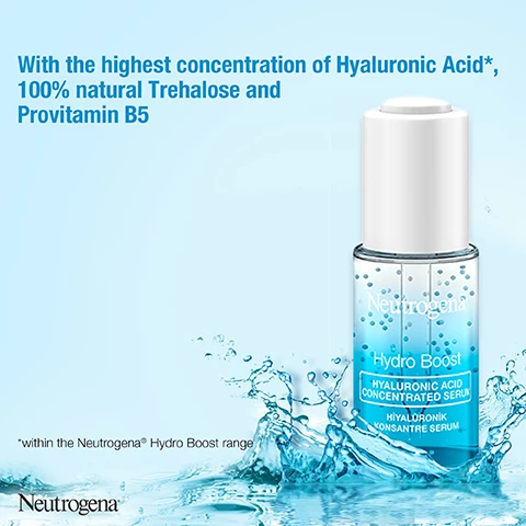 Image 1, with the highest concentration of Hyaluronic acid, 100% natural Trehalose,and ProVitamin B5. Within the Neutrogena Hydroboost range. Image 2, stimulates skin's own hyaluronic acid production and provides intense moisture for smoother skin in 2 weeks. Image 3, developed with detmatologists. fragrance free, suitable for all skin types including sensitive skin. Image 4, apply 3-4 drops to a cleansed face and neck twice a day. Image 5, for your daily hydration routine, follow with neutrogena. hydro boost water fel for 4 times hydrating boosters.