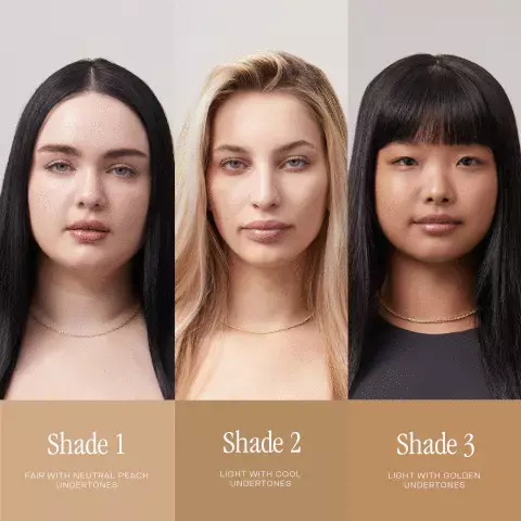 Image 1, shade one, fair with neutral peach undertones. shade 2 - light with cool undertones. shade 3 - light with golden undertones. Image 2, shade 2 light with cool undertones. shade 2.5 - light with cool undertones. shade 3 - light with golden undertones. Image 3, shade 3 - light with golden undertones. shade 4 - light medium with neutral olive undertones. shade 5 - medium with warm neutral undertones. Image 4, shade 6 - medium tan with warm golden undertones. shade 7 - medium deep with golden neutral undertones. shade 8 - medium deep with neutral warm undertones. Image 5, shade 7 - medium deep with golden neutral undertones. shade 8 - medium deep with neutral warm undertones. shade 9 - rich deep with neutral cool undertones. Image 6, shade 8 - medium deep with neutral warm undertones. shade 9 - rich deep with neutral cool undertones. shade 10 - rich deep with neutral undertones. Image 7, shades 1-10 shown on different skin tones. Image 8, swatches of shades 1 to 10
