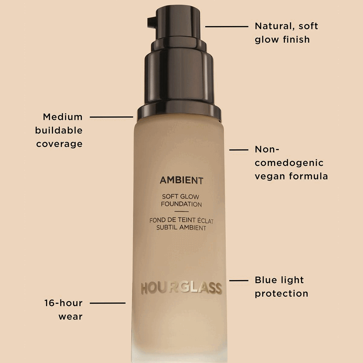 Image 1, Natural soft glow finish, medium buildable coverage, non-comedogenic vegan formula, 16-hour wear, blue light protection Image 2, Deep shades- 14 deep warm, 14.5 deep neutral, 15 deep cool, 15.5 deep neutral, 16 deep warm, 16.5 very deep neutral, 17 very deep warm, 17.5 deepest cool Image 3, Light medium shades, 5 light neutral, 5.5 light warm, 6 light medium warm, 6.5 light medium neutral, 7 light medium warm, 7.5 light medium neutral, 8 light medium neutral, 9 medium warm Image 4, Medium deep shades, 9.5 medium cool, 10 medium warm, 10.5 medium neutral, 11 medium neutral, 11.5 medium deep warm, 12 medium deep neutral, 13 medium deep warm, 13.5 medium deep neutral Image 5, light shades, 1 fairest cool, 1.5 very fair cool, 2 very fair warm, 2.5 fair cool, 3 fair neutral, 3.5 fair warm, 4 light warm, 4.5 light cool