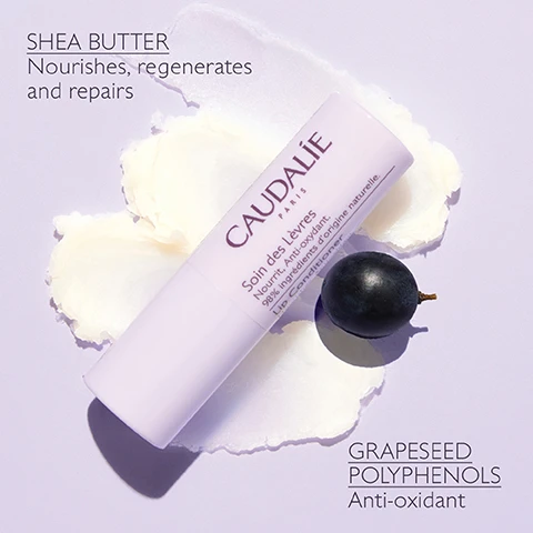 Image 1 - A lavender lip balm tube is placed on a white background with shea butter and a dark grape; the visible text includes SHEA BUTTER Nourishes, regenerates and repairs, CAUDALIE Soin des lèvres, and GRAPESEED POLYPHENOLS Anti-oxidant.
              Image 2 - Close-up of a womans face applying a lip balm, with text stating Instantly soothes and 91% of women found their lips nourished and soothed*.
              Image 3 - Image shows a close-up of lips before and after using a lip conditioner, with the text 91% of women found their lips nourished and soothed* and Unretouched results immediately after applying the Lip Conditioner along with the product name CAUDALIE displayed beside the lip balm tube.
              Image 4 - A person is applying a tube of Caudalie moisturizer to their hand, with the text Protects against dehydration and 100% feelings of tightness reduced* displayed beside them.
              Image 5 - A collection of skincare products arranged on a light purple background, including a jar of Replenishing Vegan Body Butter, a tube of Hand & Nail Repairing Cream, a tube of Hyaluronic Nourishing Body Lotion, and a tube of Foot Beauty Cream, with text labels indicating each products name.
