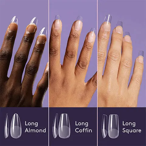 Image 1, three images compiled together showing the three different nail types being modelled- Long Almond, Long Coffin, Long Square. Image 2, image shows the three different nail shapes available- Long Almond, Long Coffin and Long Sqaure