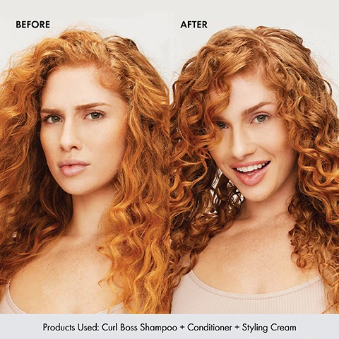 Image 1 - A woman with long red curly hair is shown in a before and after comparison, where the left side labeled BEFORE shows frizzy hair and the right side labeled AFTER shows defined, bouncy curls with a smiling expression, with text below stating Products Used: Curl Boss Shampoo + Conditioner + Styling Cream. Image 2 - A smiling woman with dark curly hair is shown with text on the left reading: PROVEN RESULTS, Provides soft flexible hold, Defines the natural curl pattern, Eliminates frizz. Image 3 - A smiling woman with defined curly brown hair and gold jewelry looks to the right, with the text Exceptional Curl Definition in the foreground. Image 4 - A close-up of a person with curly brown hair smiling, with the text ADD HYDRATION, SHAPE & LIGHT HOLD.