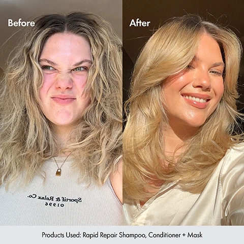 Image 1, before and after. products used: rapid repair shampoo, conditioner and mask. image 2, instant split end repair by 86%. based on an in vitro study of bleached hair tresses when using a scalp rapid repair system with shampoo, conditioner and serum. image 3, ingredients. polycare split therapy technology = repairs split ends. australian aloe vera = nourishes, hydrates and conditions the scalp. squalane = ultra hydrating for shine and fullness. blend of natural oils = condition and strengthen hair. pro-vitamin B5 = intense yet weightless hydration. image 3, formulated with australian native extracts. image 4, the bondi promise. australian born and bred. locally sourced ingredients. pro-performance. effortless.