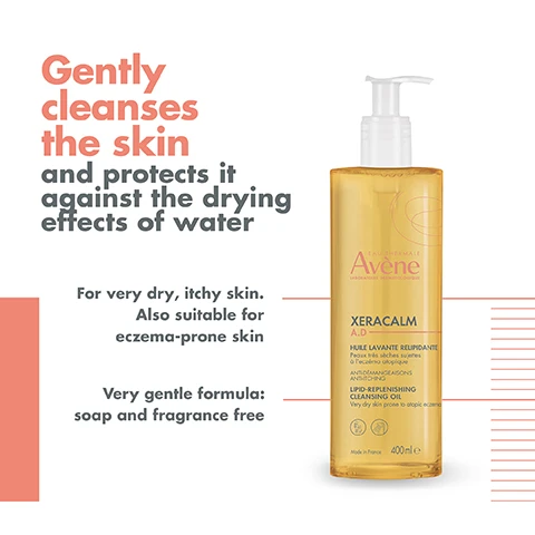 Image 1 - A bottle of Avene Xeracalm A.D. cleansing oil on a white background, with text that states it gently cleanses the skin and protects it against the drying effects of water; further details mention it is for very dry, itchy skin, suitable for eczema-prone skin, and has a very gentle formula that is soap and fragrance free, with a volume of 400 ml.
              Image 2 - A bottle of Avène Xeracalm A.D. lip replenishing cleansing oil is displayed, with text highlighting its benefits: cleansing, nourishing, and soothing, alongside corresponding simple illustrations.
              Image 3 - Three skincare products are displayed vertically with titles and descriptions: a bottle of cleansing oil labeled CLEANSE, a bottle of spring water labeled REBALANCE, and a tube of cream labeled NOURISH & CALM, all featuring the brand name Avene and product names underneath each item.