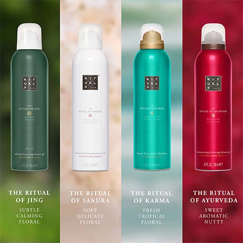 Image showing products in the range. No.1 The Ritual of Jing- subtle, calming, floral No.2 The Ritual of Sakura- Soft, delicate, floral No.3 The Ritual of Karma- Fresh, tropical, floral No.4 The Ritual of Ayurveda- Sweet, aromatic, nutty