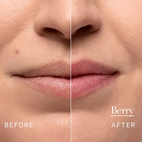 Image 1, before and after. Image 2, swatches on 4 different skin tones. Image 3, 24 hour hydration. 97% agreed lips looked and felt smoother, 95% felt it moisturised, softened and protected, 94% said it enhance their natural lip colour. Image 4, key ingredients = sugar for long lasting hydration. vitamin c and e to protect. cranberry seed oil to smooth. grapeseed oil for long lasting hydration.