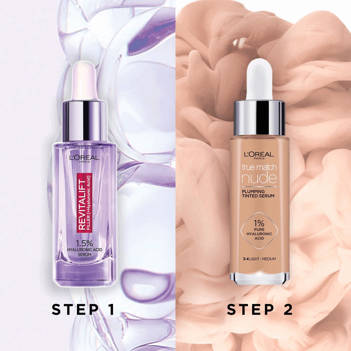 Image 1, showing the two products in the bundle, step 1, step 2 Image 2, powered by 1% hyaluronic acid for plumper looking skin Image 3, powered by 1.5% hyaluronic acid in two types, macro to act at the skins surface, micro to to boost within the epidermis Image 4, cares like a serum, covers like a foundation