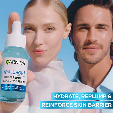 Image 1 - A woman holds a Garnier Hyaluron+ Barrier Repair Replumping Serum bottle with text 4% HYALURONIC ACID + ALOE VERA + GLYCERIN + PANTHENOL + SQUALANE in front of a smiling man, with the text HYDRATE, REPLUMP & REINFORCE SKIN BARRIER at the bottom right. Image 2 - A close-up of a mans face with stubble, looking to the left, against a blue sky, with text that reads FIGHT DULL & TIRED SKIN. Image 3 - A yellow Garnier Vitamin C+ Brightening Serum bottle with a dropper is shown next to text reading THE UKS N°1 VITAMIN C SERUM* JUST GOT BETTER** & BRIGHTER, and PROVEN EFFICACY*** with statistics: DARK SPOTS VISIBLY REDUCED: 97% AGREE, INSTANTLY BRIGHTENS SKIN: 74% AGREE, IMPROVED SKIN EVENNESS: 98% AGREE. The bottle label states Garnier VITAMIN C+ BRIGHTENING SERUM 4% VITAMIN C* + NIACINAMIDE + SALICYLIC ACID + MELASYL, with smaller disclaimer text at the bottom. Image 4 - The image displays a molecular structure with three connected spheres, one containing swirling orange liquid, another golden particles, and a third a lemon slice, labeled with text that reads KEY INGREDIENTS, MELASYL TM, NIACINAMIDE, VITAMIN C*, and *Vitamin c derivative. Image 5 - A woman with glowing skin touches her face, with a blue sky background and an inset comparison of skin before and after showing reduced dark spots; text reads 99% AGREE SKIN IS GLOWING*, REDUCES DARK SPOTS, BEFORE, AFTER**, *Self assessment, 111 women. **Individual results (8 weeks daily use). Individual results will vary. Image 6 - A Garnier Hyaluron+ Barrier Repair Replumping Serum bottle containing light blue liquid is displayed on a translucent blue block against a light blue background, with text that reads INTENSELY HYDRATE, REPLUMP & REINFORCE SKIN BARRIER IN 1H*, PROVEN EFFICACY**, THE SKIN SEEMS SMOOTHER 77% AGREE, THE SKIN SEEMS SOFTER 81% AGREE, THE SKIN SEEMS CLEARER 77% AGREE, and on the bottle label GARNIER HYALURON+ BARRIER REPAIR REPLUMPING SERUM 4% HYALURONIC ACID + ALOE VERA + GLYCERIN, PANTHENOL, SQUALANE, along with tiny text at the bottom *Instrumental test, 24 subjects **Self-assessment, 49 subjects. Image 7 - A graphic displays three connected translucent spheres, each representing an ingredient, with the text: KEY INGREDIENTS, ALOE VERA + SQUALANE, PANTHENOL, HYALURONIC ACID. Image 8 - Two Garnier skincare serum bottles with droppers, one for Hyaluronic Aloe and one for Vitamin C, are displayed on a reflective surface, with visible text HYALURONIC ACID REPLUMPING, Garnier Skin Naturals Hyaluronic Aloe Replumping Super Serum 3% Hyaluronic Acid + Aloe Vera, VITAMIN C BRIGHTENING, and Garnier SkinActive Vitamin C Brightening Serum 3.5% Vitamin C + Niacinamide + Salicylic Acid.
