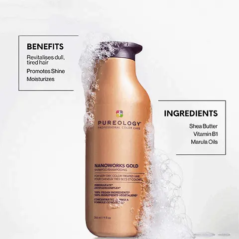 Image 1, Benefits- Revitalises dull, tired hair. Promotes shine. Moisturizes. Ingredients- Shea Butter. Vitamin B1. Marula Oils. Image 2, Anit-colour Fade, Colour Vibrancy, Instant Detangle, Prime, Protect, Perfect, Shield, Smooth, Refresh, Conditions, Frizz Control, Weightless