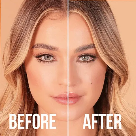 Two images showing models before and after product use where lips look fuller and shinier after
