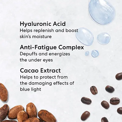 Image 1, Hyaluronic acid- helps replenish and boost skins moisture. Anti fatigue complex- Depuffs and energizes the under eyes and Cacao extract that helps to protect from the damaging effects of blue light. Image 2, model arm swatches of all shades. Image 3, inspired by the number 1 tinted moisturizer. Image 4, Clinically proven to reduce visible under eye puffiness. Image 5, Find your complexion rescue concealer shades chart.