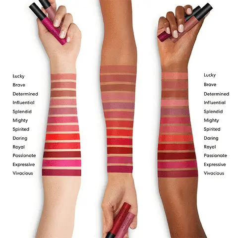 Image 1, Hand swatch model of all shades. Image 2, Product benefits. Image 3, Ingredients and their benefits. Image 4, Cap and vial made with post-consumer recycled plastic