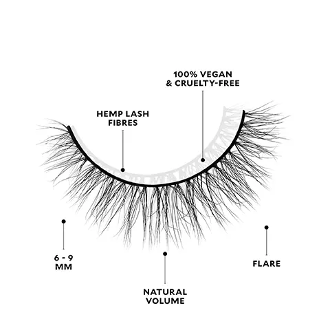 Image 1, 100% vegan and cruelty free, hemp lash fibres, 20+ wears, 6-9mm, natural volume, flared round. Image 2, second nature, before and after on almond and monolid eyes. Image 3, second nature before and after on round and hooded eyes. Image 4, second nature on almond, round, monolid and hooded eyes.
