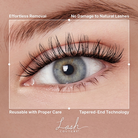 A close-up of a blue-green eye with full, long eyelashes, framed by a white outline with text at each corner reading Effortless Removal, No Damage to Natural Lashes, Reusable with Proper Care, Tapered-End Technology, and Lash COUTURE® written below the eye.