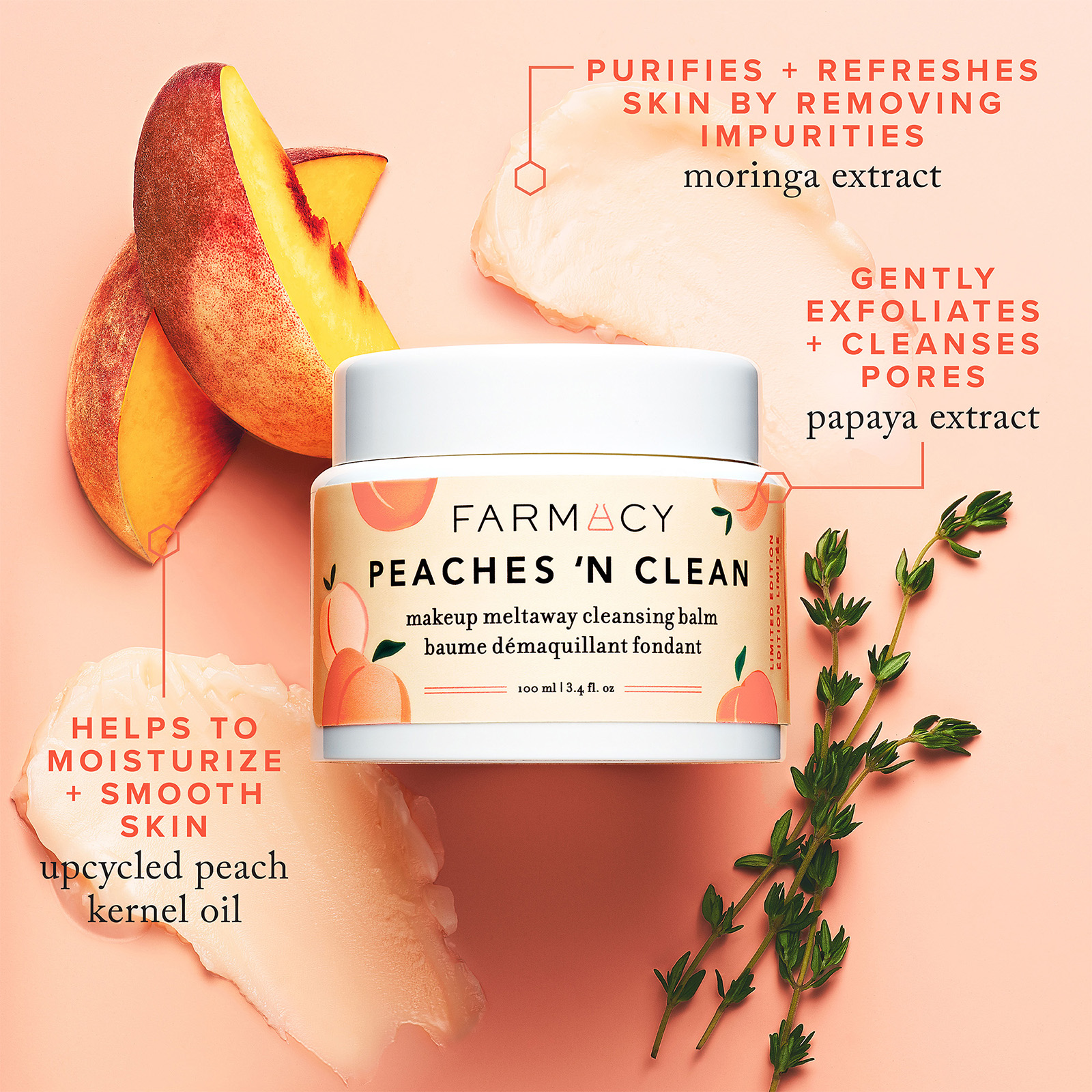 Purifies and refreshes skin by removing impurities - moringa extract, gently exfoliates and cleanses pores - papaya extract, helps to moisturize and smooth skin - upcycled peach kernel oil