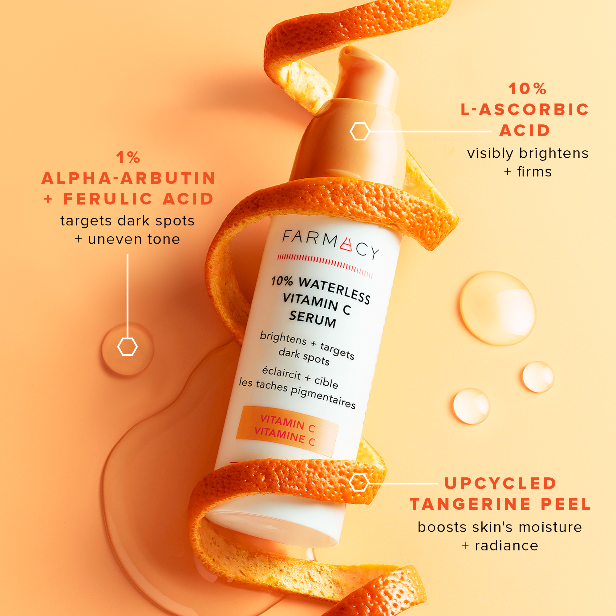 1% alpha-arbutin and ferulic acid, targets dark spots and uneven skin tone, 10% ;-ascorbic acid visibly brightens and firms, upcycled tangerine peel boosts skin's moisture and radiance