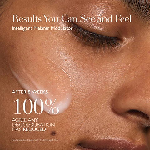 Image 1 - A close-up image of a persons face with a light skincare product applied to their cheek; visible text includes Results You Can See and Feel Intelligent Melanin Modulator AFTER 8 WEEKS 100% AGREE ANY DISCOLOURATION HAS REDUCED Results based on 8 week trial 34 subjects aged 29-61.
              Image 2 - Image shows a teal background with the text Science Backed Ingredients at the top, followed by descriptions of three ingredients: AMBER MICROALGAE with a circular image and the text Intelligent melanin modulator, corrects hyperpigmentation and age spots, NIACINAMIDE (VITAMIN B3) with a circular image and the text Evens tone and improves skin resilience, and MANDELIC (AHA) & GLUCONIC ACIDS (PHA) with a circular image and the text Resurface skin and brighten tone, followed by Powered by The Healing Concentrate™ at the bottom.
