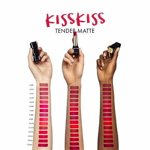 Shows the product shades modelled across three different skin tones, text - Kiss Kiss Tender Matte