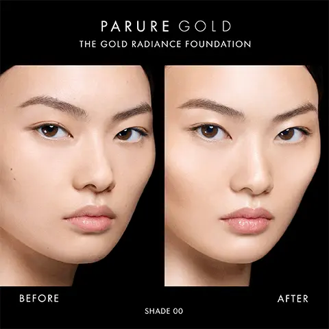 Image 1, Parure Gold The Gold Radiance Foundation Before and After Shade 00, Image 2 Swatches of the different shades available modelled on an arm, 02, 12, 31, 01, 11, 00 Image 3, showing a wider range of shades, 00, 11, 01, 31, 12, 02, 13, 03, 23, 04, 24, 05