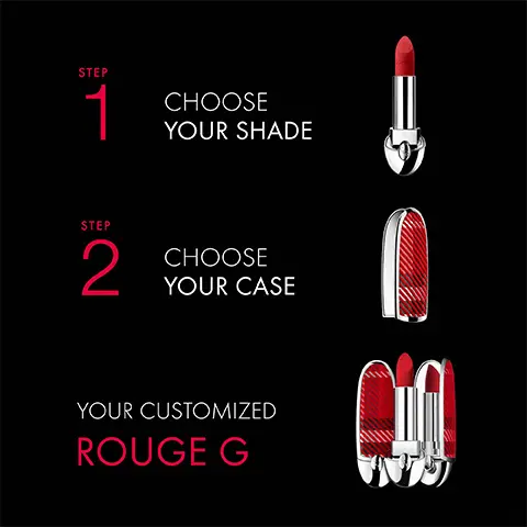 Image 1, Step 1 Choose your shade, Step 2 Choose your case, Your customized Rouge G Image 2, Rouge G Luxurious Velvet 214, Image 3, shows the product shades modelled across three different skin tones