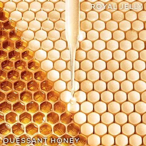 Image 1, OUESSANT HONEY ROYAL JELLY Image 2, ENCAPSULATION TECHNOLOGY: LIPOSOMES Image 3, REBALANCED ASPECT +95% SMOOTHER' +97% RADIANCE1 +97% Satisfaction test, 61 Chinese women 2 opplications/day, after one month