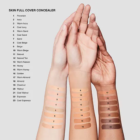 Image 1, List of all concealer shades. Image 2 and 3, Concealer benefits.