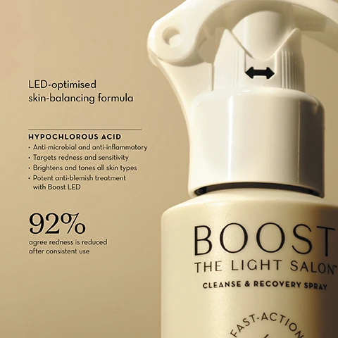 image 1, LED optimised skin balancing formula. hypochlorous acid. anti microbial and anti inflammatory. targets redness and sensitivity. brightens and tones all skin types. potent anti blemish treatment with boost LED. 92% agree redness is reduced after consistent use. image 2, before and after 3 times boost LED and cleanse and recovery. reduced redness. image 3, before and after 6 weeks boost LED, enzymatic cleanser, cleanse and recovery, peptide serum and LEF. reduce inflammation, reduced blemishes. image 4, before and after 6 weeks boost LEDF cleanse and recovery. rosacea reduction. image 5, boost cleanse and recovery spray formulationn otes - laura ferguson said = we've used hypochlorous acid in our salons for years and wanted our clients to have access to the same multi use cleansing. combined with boost wavelengths, this spray is a highly effective, redness reducing alternative to blue 415mm.
