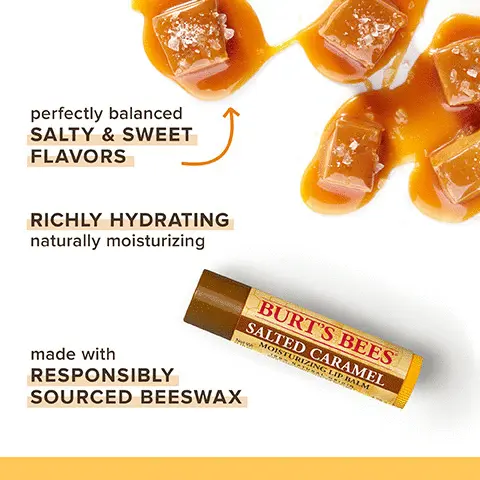 Image 1, perfectly balances salty and sweet flavours, richly hydrating naturally moisturizing, made with responsibly sourced beeswax. Image 2, made with responsibly sourced beeswax. Image 3, Kind to Skin and planet since 1984, ingredients from nature, responsible sourcing , leaping bunny certified, recyclable packaging, landfill free operations, carbon neutral certified.