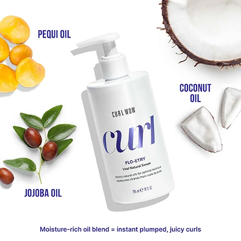 Image 4 - An arrangement of yellow pequi fruit, a bottle of Curl Wow Flo-Etry vital natural serum with visible text indicating the name and product details, jojoba oil seeds, and coconut pieces on a white background, with the text Moisture-rich oil blend = instant plumped, juicy curls.
              Image 8 - A tube of Curl Wow Flo-Etry Vital Natural Serum with purple text on a white background, labeled as travel size, displaying details about moisture levels and breakage reduction.
