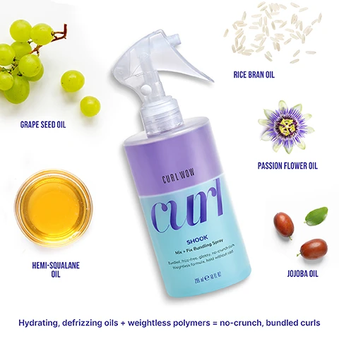 Image 4 - An image of a spray bottle labeled Curl Wow Shook Mix + Fix Bundling Spray surrounded by grapes, rice grains, a passion flower, and jojoba oil, with text mentioning Grape Seed Oil, Rice Bran Oil, Passion Flower Oil, Hemi-Squalane Oil, Jojoba Oil, and a statement about hydration and curl definition.
              Image 5 - A hand holds a bottle of Curl Wow curl Shook Mix + Fix Bundling Spray against a purple background, with text stating clinically proven 78% less frizz in high humidity.
              Image 7 - A travel-sized bottle of Curl Wow Shook Mix + Fix Bundling Spray, featuring a purple and teal design with visible text describing its purpose as a weightless, frizz-free product for undid curls without a cast, labeled with a capacity of 60 ml and 2.0 fl oz, and marked as travel size.