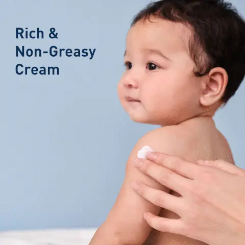 Image 1, developed with pediatric dermatologists. Image 2, rich and non greasy cream. Image 3, long lasting hydration. Image 4, free of dyes, accepted by the NEA, fragrance free