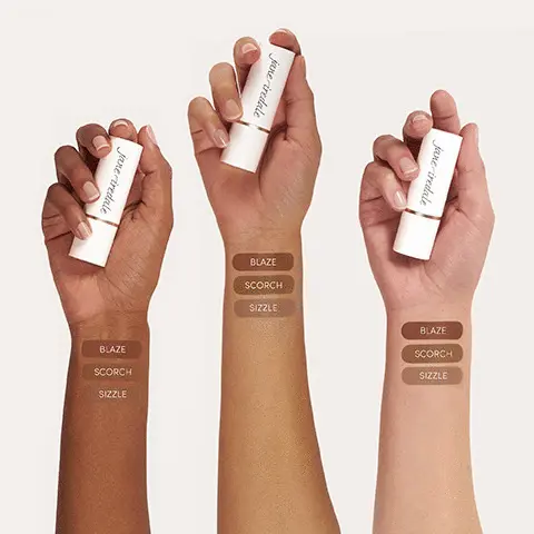 Image 1, swatches of the product on three different skin tones. Image 2, how to apply, 1 = sweep, apply to the high points of the face where the sun would naturally hit: the forehead, cheekbones top of the chin and nose. 2 = blend, use the blending/contouring brush or fingers to blend gently. 3 = glow, glow time bronxer sticks give you that glowing sun-kissed look the healthy way.
