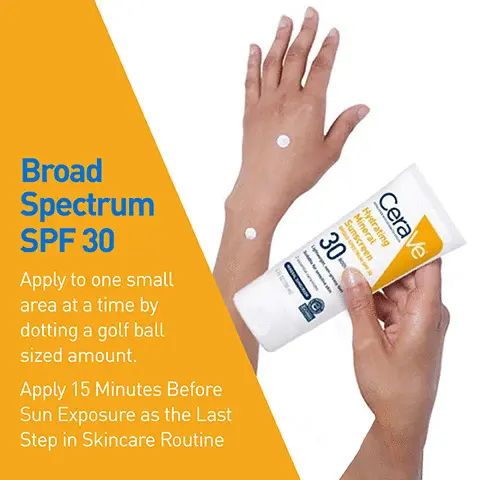 Image 1, broad spectrum SPF 30, apply one small area at a time by dotting a golf ball sized amount, apply 15 minutes before sun exposure as the last step in skincare routine. Image 2, oxybenzone-free, fragrance free and paraben free, recommended by the skin cancer foundation for daily use, developed with dermatologists, accepted by NEA. Image 3, zinc oxide and titanium dioxide may cause with cast to occure.