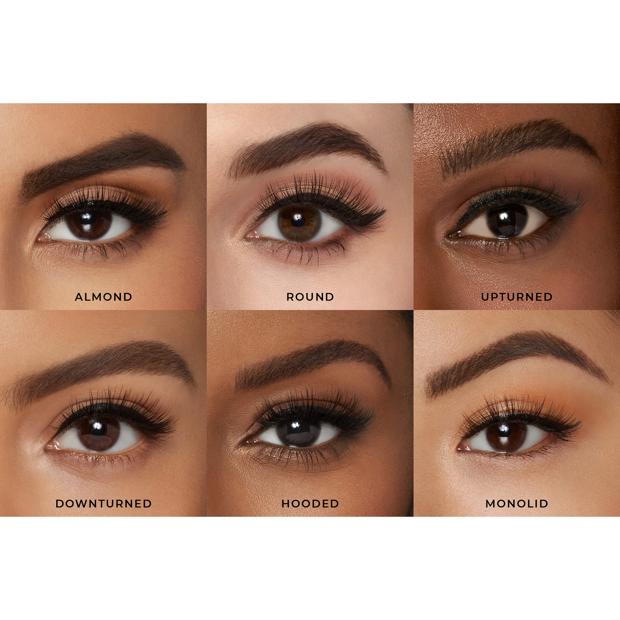 Lashes modelled on different eye shapes: Almond, Round, Upturned, Downturned, Hooded, Monolid