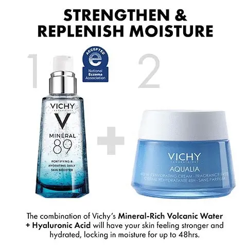 Image 1, strengthen and replenish moisture. the combination of vichys rich volcanic water and hyaluronic acid will have your skin feedling stronger and hydrated, locking in moisture for up to 48 hours. Image 2, lightweight hydrating formula, non-gready fast absorbing cream.